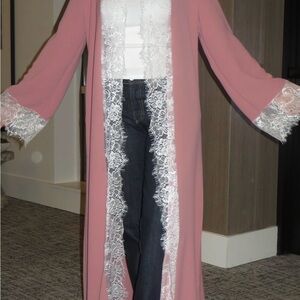 Dusty Rose Lace-Trim Long abaya with Open Front